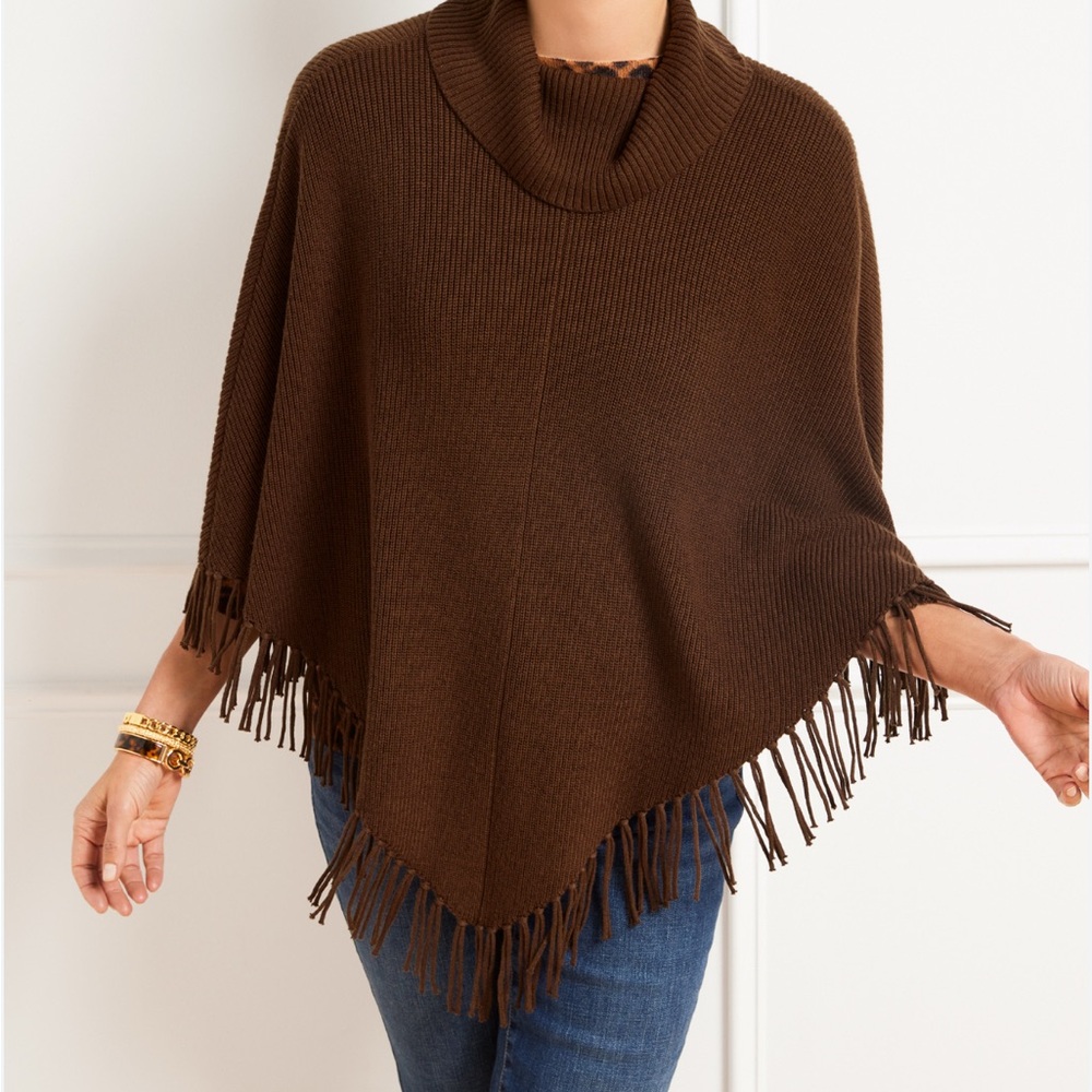 ALICIA PERUVIAN ALPACA PIMA COTTON KNITWEAR BROWN FRINGE TURTLENECK PONCHO SHAWL